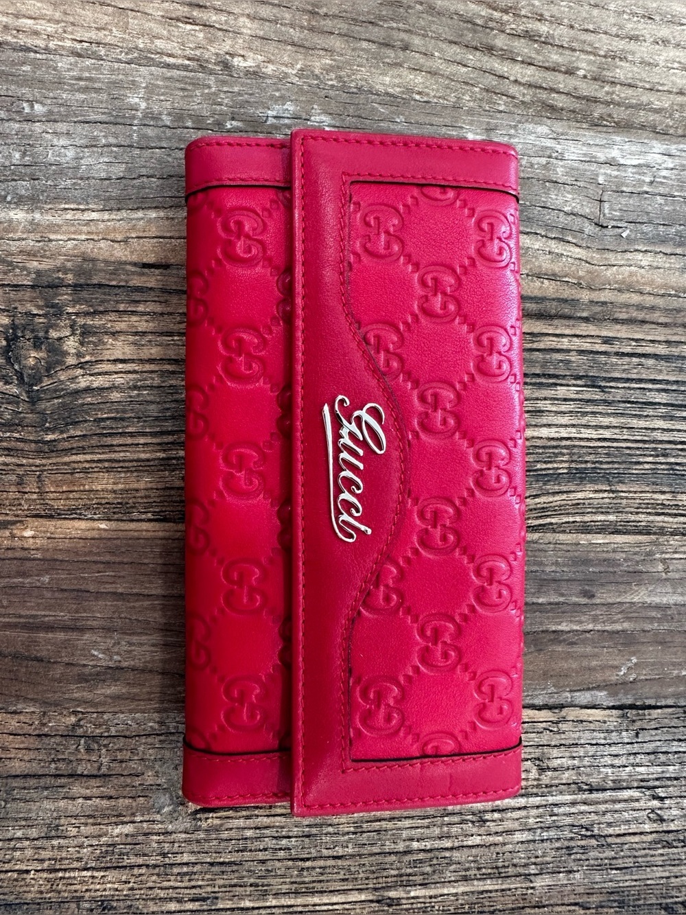Gucci Pink-Red Embossed Leather Long Wallet with Script Logo